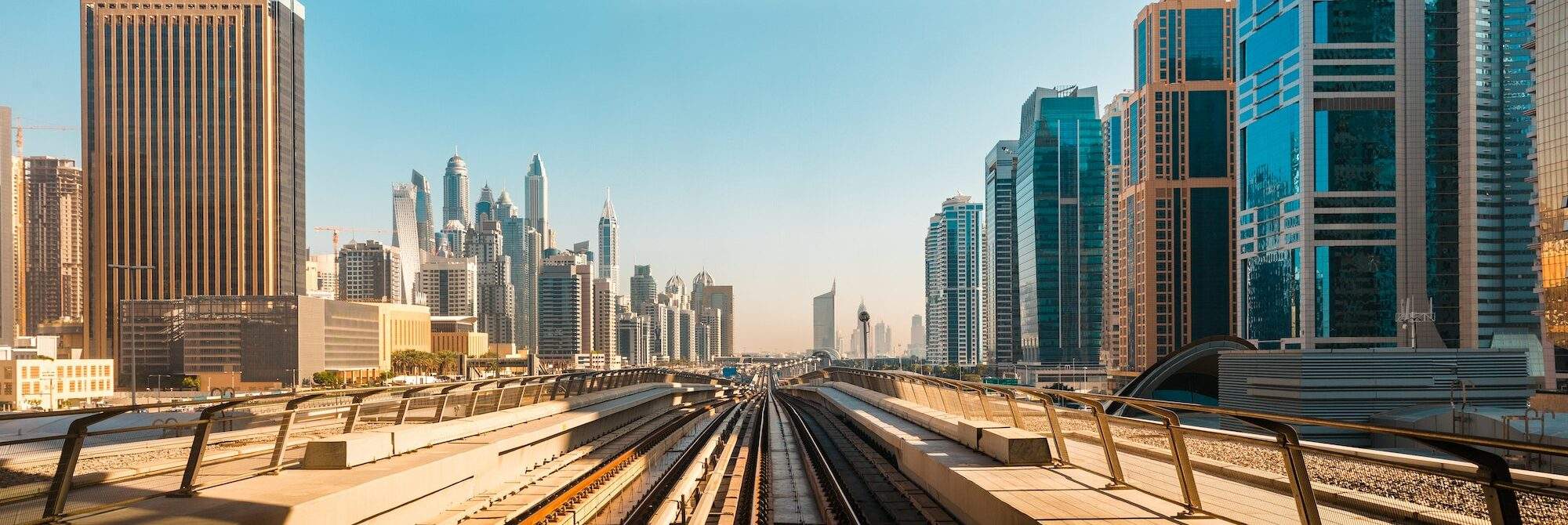 View of the Dubai downtown skyline from a metro station, Dubai, UAE