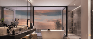 Jedes Badezimmer ist mit modernen Elementen und einer sanften Farbpalette ausgestattet, die durch eine dezente Beleuchtung unterstrichen wird.